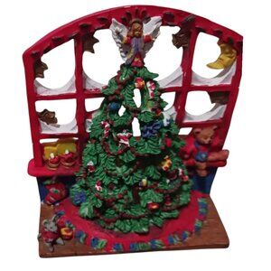 Christmas Candle holder Vtg 1995 Resin Decoration With Tree Teddy Bear & Angel